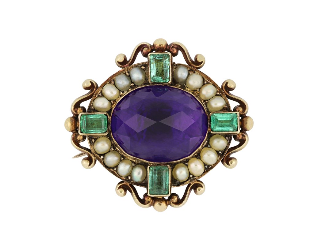 Rare amethyst, emerald and pearl brooch by Ca | Ref 25355