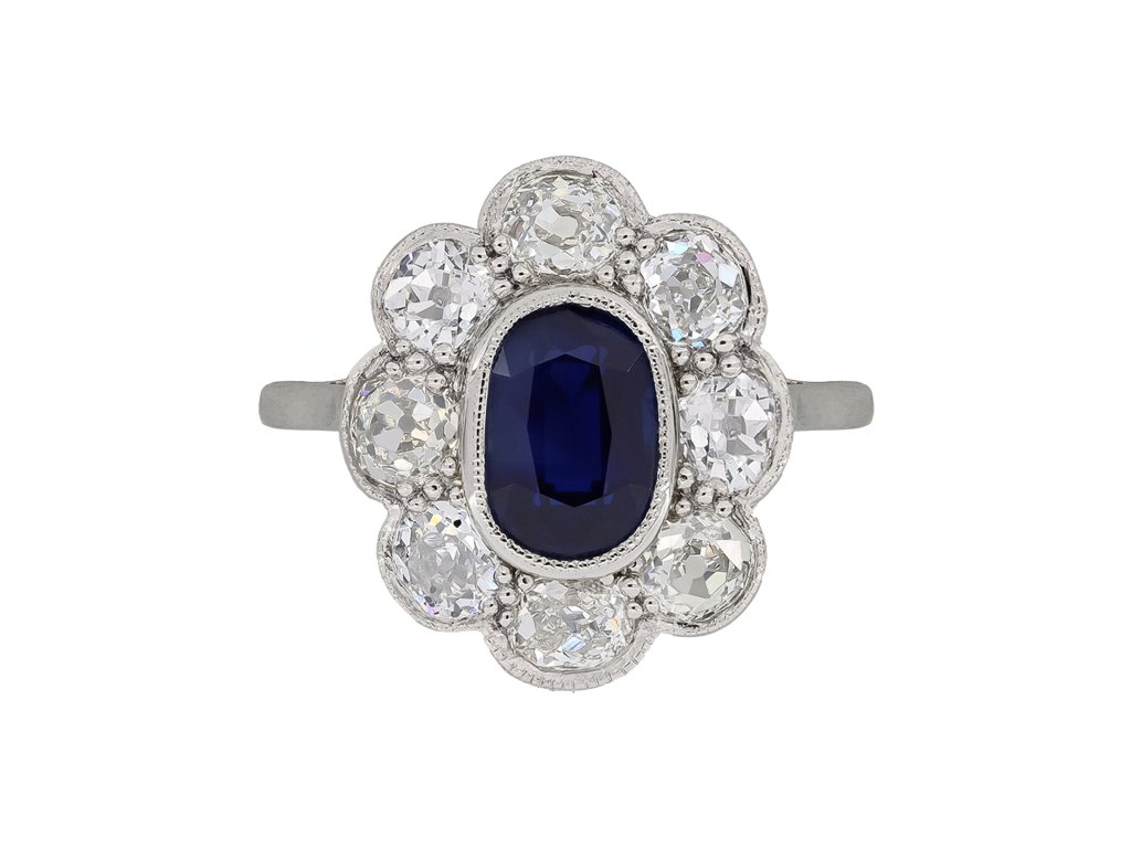 Sapphire and diamond coronet cluster ring, circa 1920.