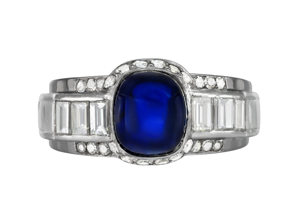 Sugar loaf cabochon sapphire and diamond ring, circa 1950.