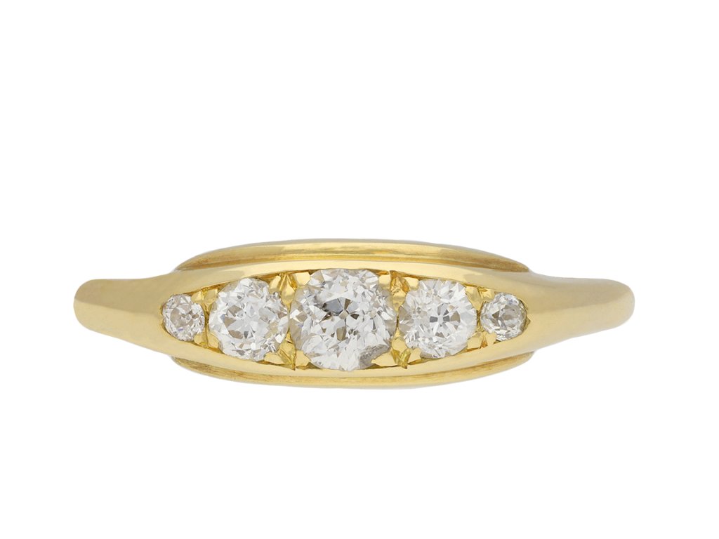 Victorian diamond five stone ring, English, circa 1900. Hatton Garden