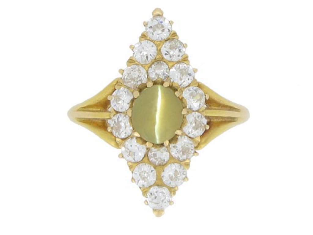 front view Antique 'cat's eye' chrysoberyl and diamond marquise shape ring, circa 1900.