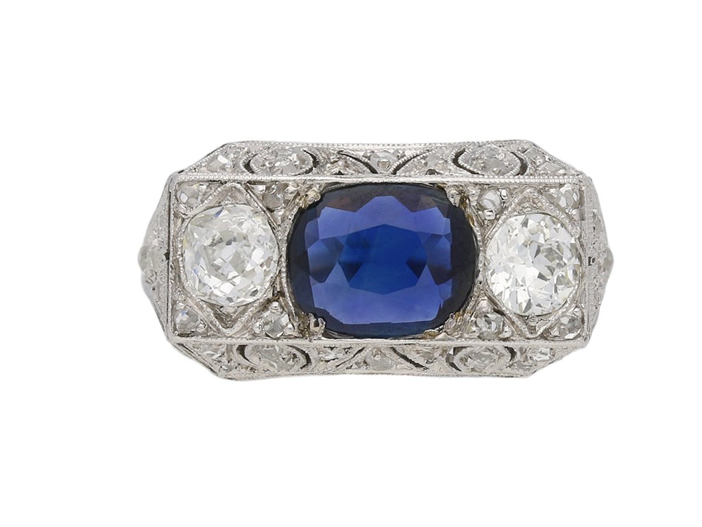 Ornate sapphire diamond three stone ring berganza hatton garden