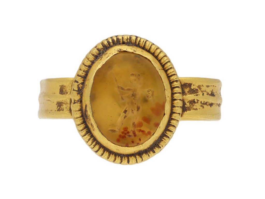 Ancient Roman Cupid intaglio ring, circa 2nd century AD.  Hatton Garden