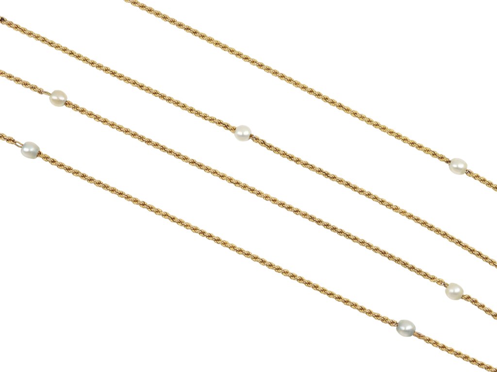 John Goode & Sons natural pearl and gold chain, English, circa 1912. 