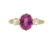 Pink Ceylon sapphire and diamond three stone ring hatton garden
