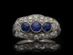 Three stone sapphire and diamond ring, circa 1920. Hatton Garden