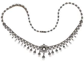 Victorian natural pearl and diamond necklace, circa 1880.
