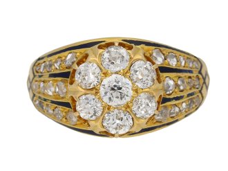 Antique diamond and enamel coronet cluster ring, circa 1890.