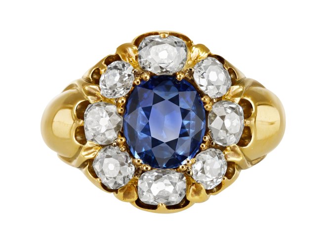 Ceylon sapphire and diamond coronet cluster ring, Russian, circa 1890.
