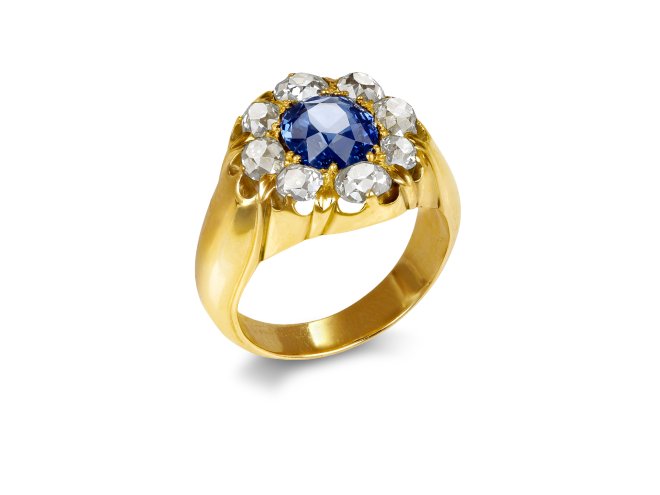 Ceylon sapphire and diamond coronet cluster ring, Russian, circa 1890.
