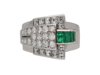 Emerald and diamond cocktail ring, circa 1935.