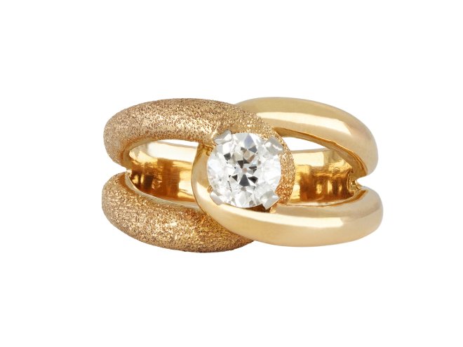 Old cut solitaire diamond cocktail ring, circa 1945.