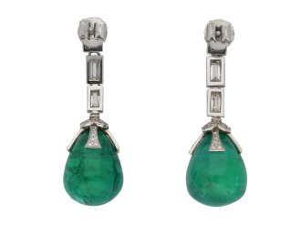 Drop emerald Cabochon and diamond earrings berganza hatton garden