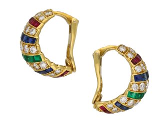 Cartier vintage ruby, sapphire, emerald and diamond earrings, English, 1978.