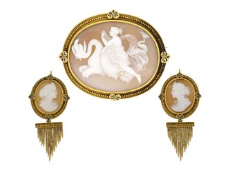 full view John Brogden shell cameo brooch and earrings, English, circa 1870.