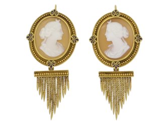 John Brogden shell cameo brooch and earrings, English, circa 1870.