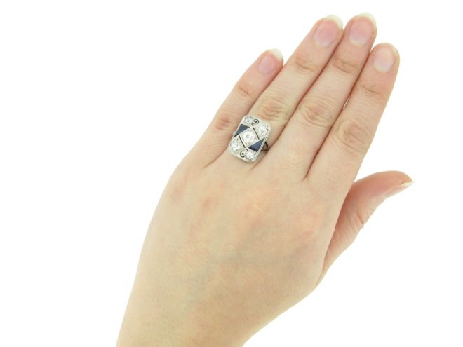 hand veiw Art deco synthetic sapphire and diamond ring, circa 1930. 