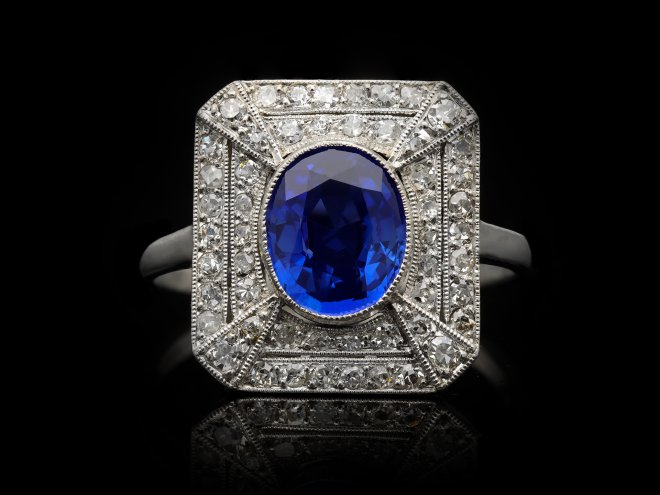 Ceylon sapphire and diamond octagonal cluster ring, Frenchn garden
