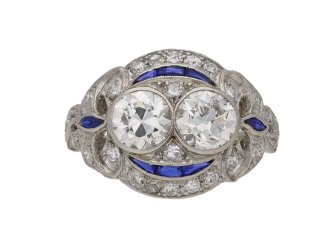Two stone diamond and synthetic sapphire cluster ring, circa 1920.