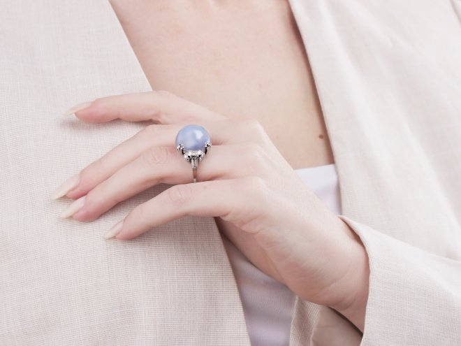 Ceylon star sapphire and diamond ring by J. Milhening. Inc, Chicago, American, circa 1950.