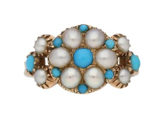 Antique turquoise and pearl locket memorial ring, circa 1837.