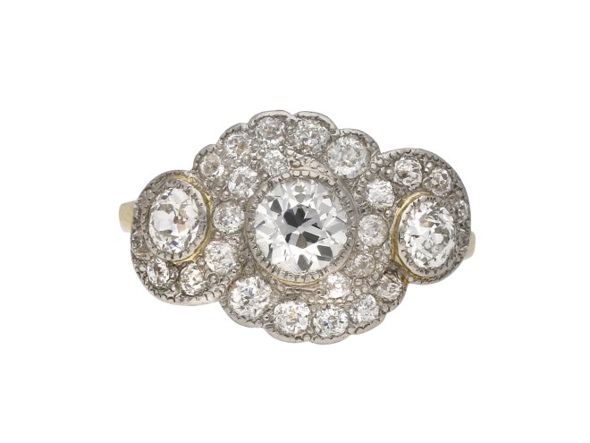 Edwardian diamond triple cluster ring, circa 1905.