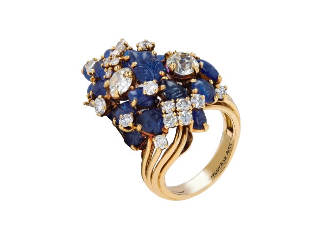 Marchak carved sapphire and diamond cocktail ring hatton garden