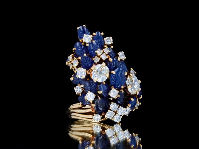 Marchak carved sapphire and diamond cocktail ring hatton garden