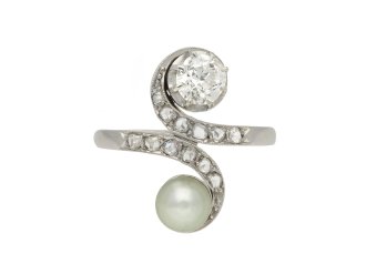 Natural Saltwater Pearl and diamond crossover ring, French, 