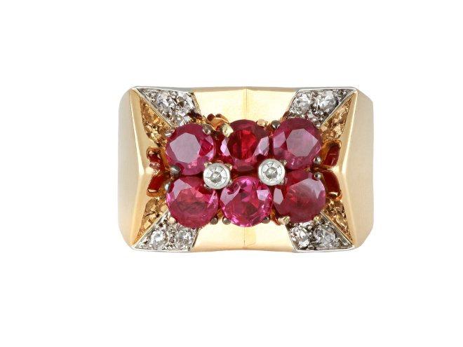 Boucheron Burmese ruby and diamond cocktail ring, French, circa 1945.