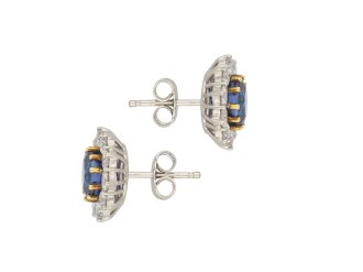 Sapphire and diamond cluster earrings, circa 1980. Hatton Garden