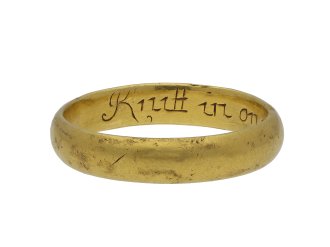 Gold posy ring, 'Knitt in one by christ alone hatton garden