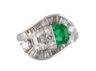 Colombian emerald diamond crossover ballerina ring hatton garden