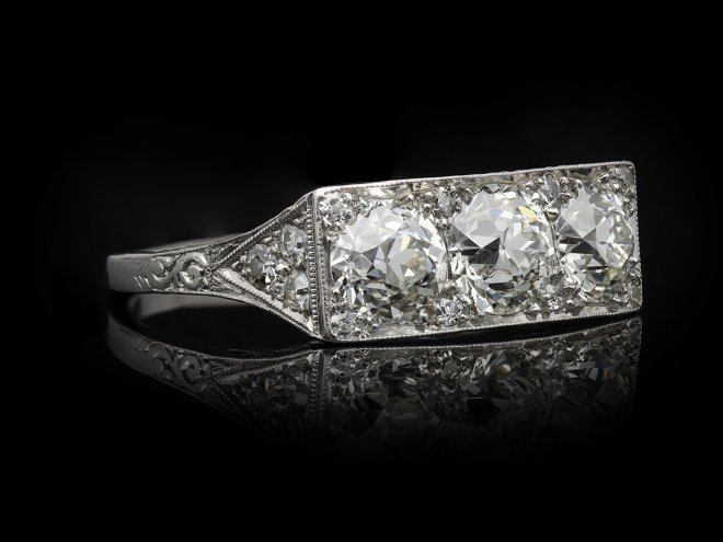 Art Deco three stone diamond ring berganza hatton garden