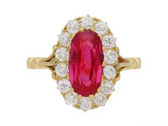 front view  Antique natural Burmese ruby and diamond ring, circa 1900. berganza hatton garden