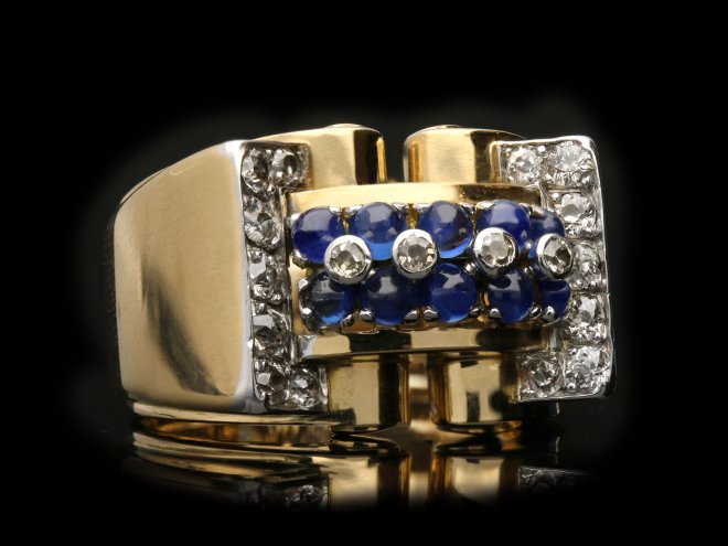 Cabochon sapphire and diamond cocktail ring, circa 1940.