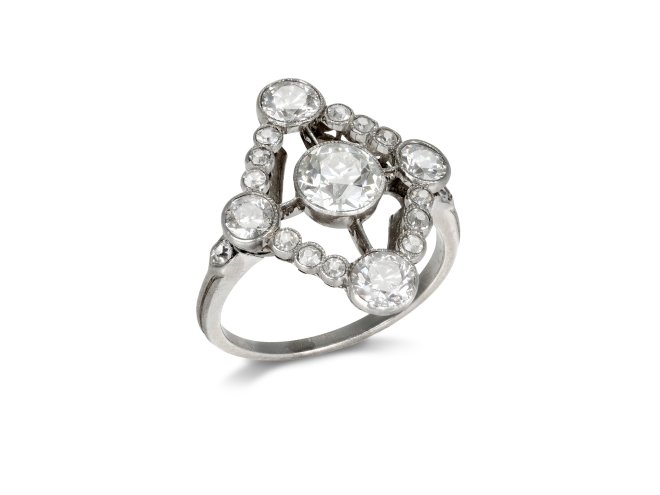 Diamond cluster ring, French, circa 1920.