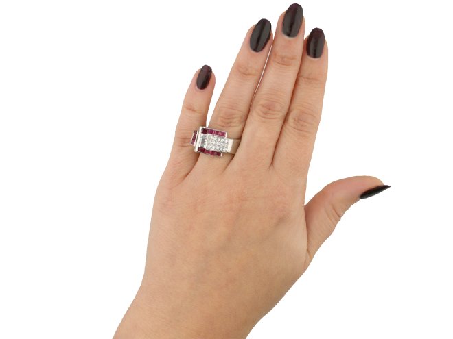 Art Deco ruby and diamond cocktail ring berganza hatton garden
