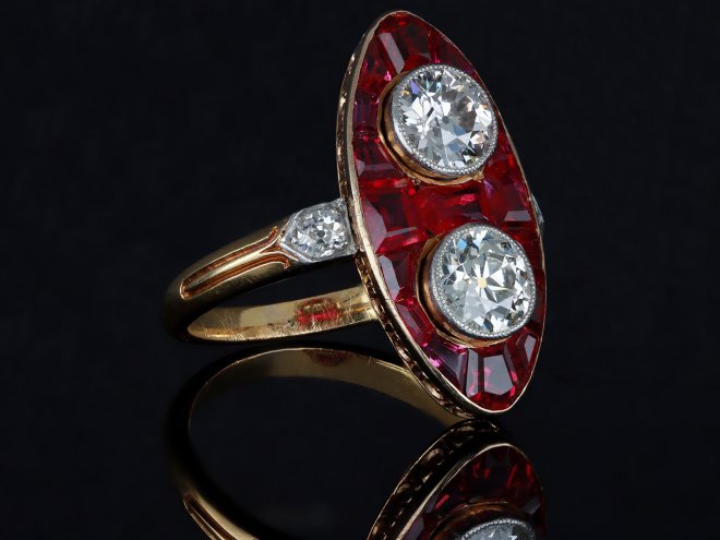 Victorian marquise ruby and diamond ring, circa 1900. 