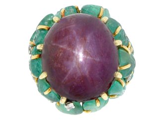 Marchak star ruby, emerald and diamond ring, Paris, circa 1960.