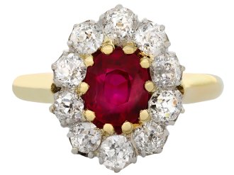 Antique Burmese ruby and diamond coronet cluster ring, circa 1910.