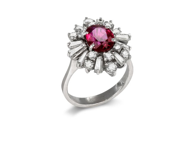 Vintage ruby and diamond cluster ring, circa 1970. 