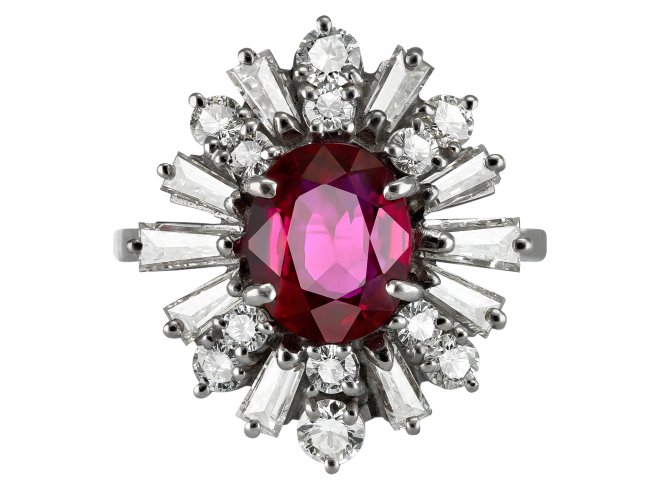 Vintage ruby and diamond cluster ring, circa 1970. 