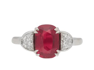 Ruby and diamond three stone ring, circa 1990. Hatton Garden