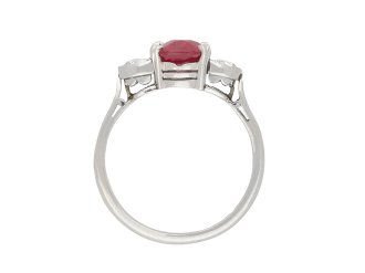 Ruby and diamond three stone ring, circa 1990. Hatton Garden