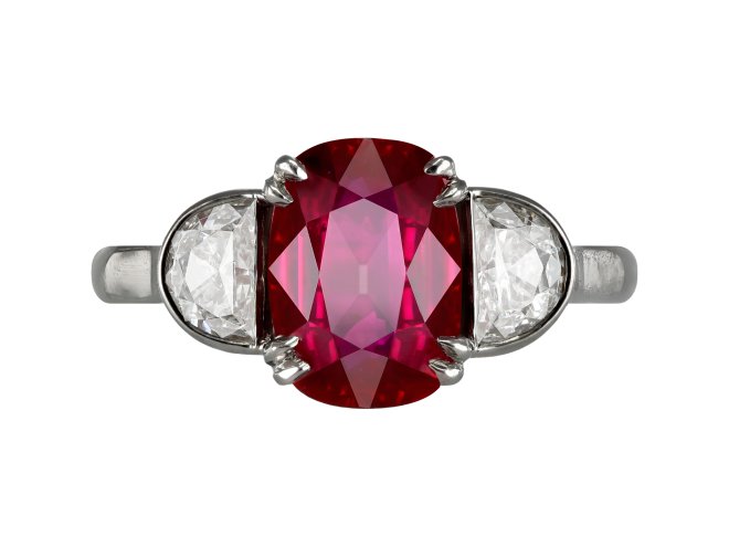 Ruby and diamond three stone ring, circa 1990. Hatton Garden