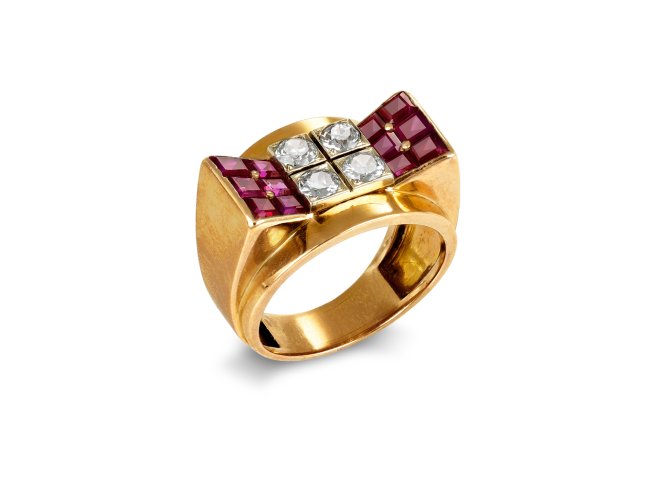 Mauboussin ruby and diamond cocktail ring, French, circa 1940.