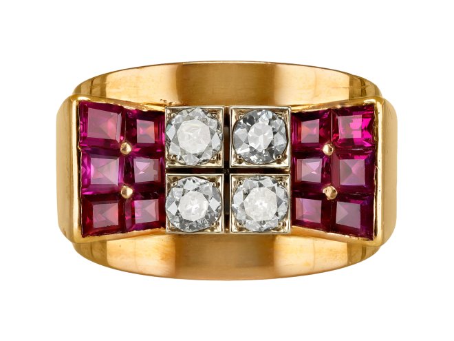 Mauboussin ruby and diamond cocktail ring, French, circa 1940.