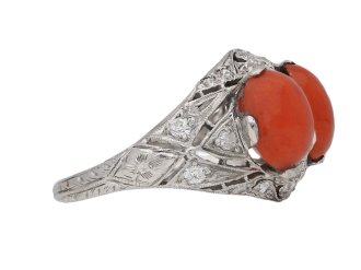 Coral and diamond cluster ring, circa 1920. 