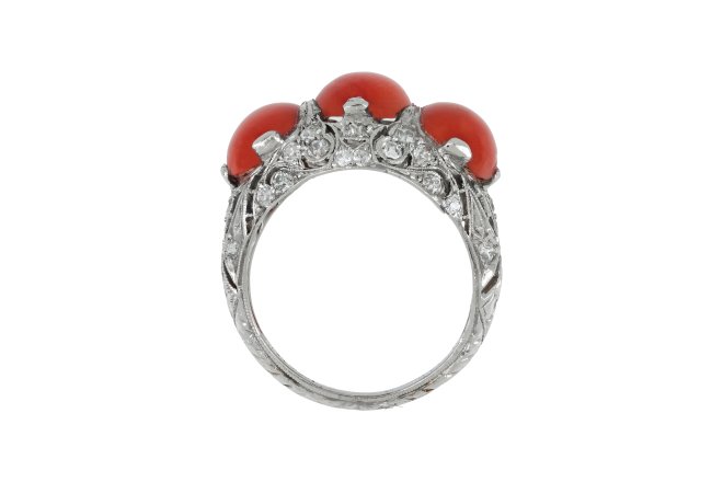 Coral and diamond cluster ring berganza hatton garden